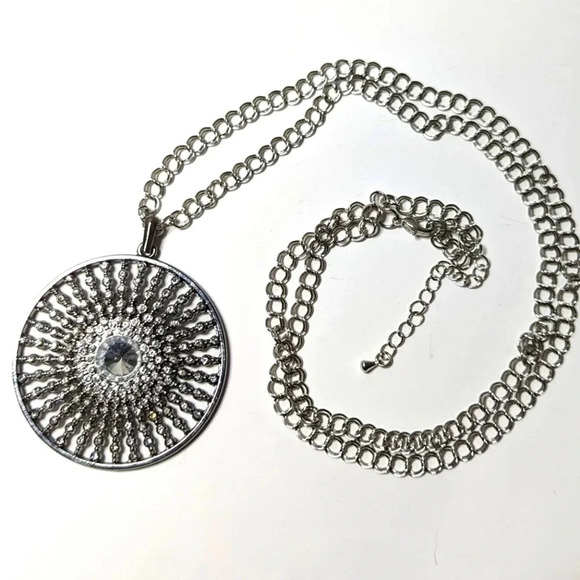 Statement Necklace- Rhinestone-Long Chain-Handmade-Silver tone-Starburst Pendant - Picture 3 of 13
